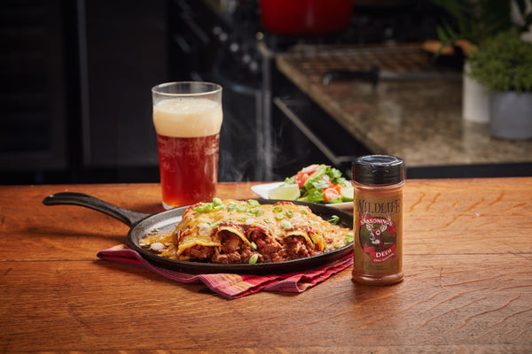 Deer Chili Enchiladas with Avocado, Cilantro, Lime, and Tomato Salad